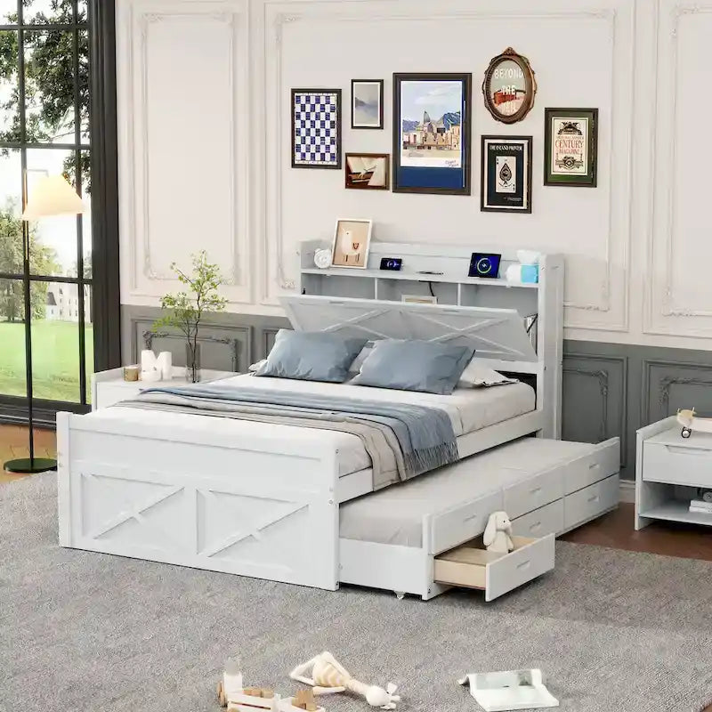Storage Wooden Bed with Twin Size Trundle and Three Storage Drawers