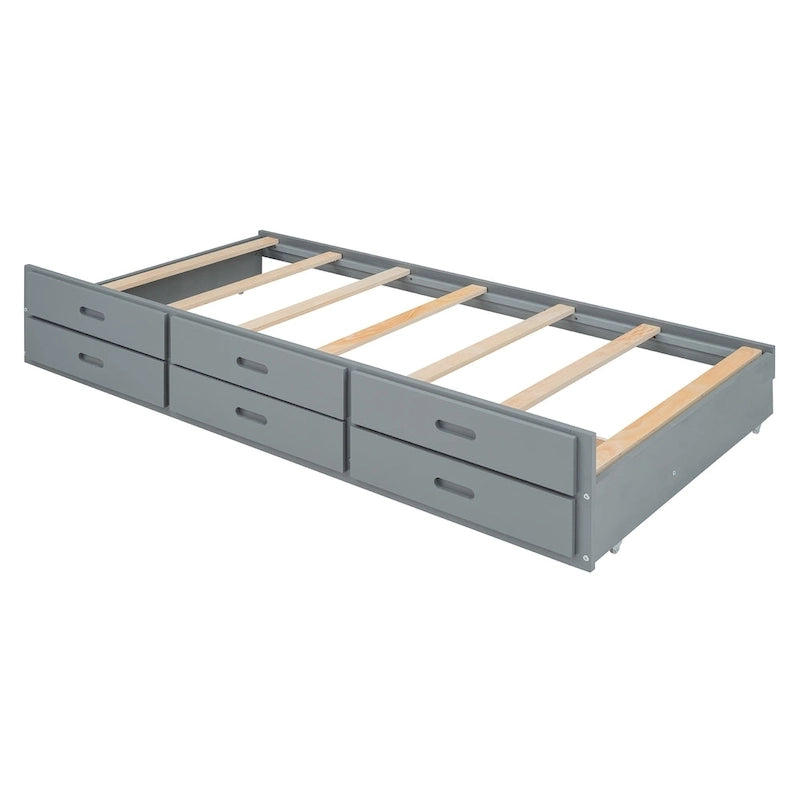 Storage Wooden Bed with Twin Size Trundle and Three Storage Drawers