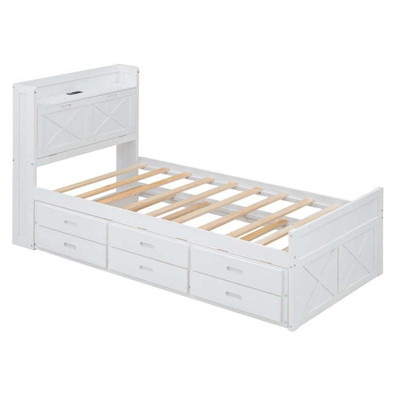 Storage Wooden Bed with Twin Size Trundle and Three Storage Drawers