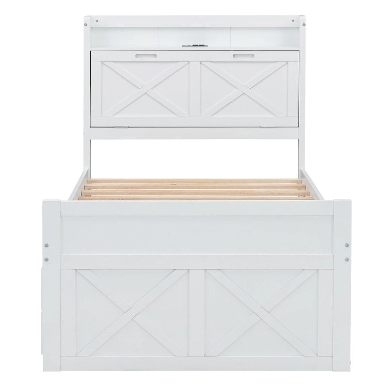 Storage Wooden Bed with Twin Size Trundle and Three Storage Drawers