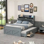 Storage Wooden Bed with Twin Size Trundle and Three Storage Drawers