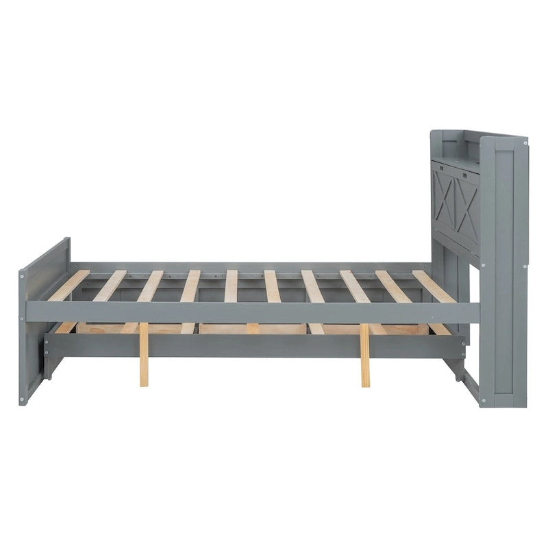 Storage Wooden Bed with Twin Size Trundle and Three Storage Drawers