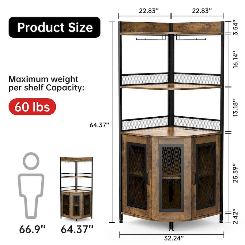5-Tiers Corner Wine Cabinet with LED Light and Glass Holder