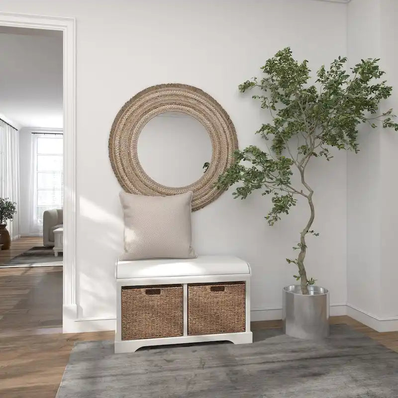 Wood Room Storage Bench with Brown Seagrass Baskets and Cushioned Seat - White - Roche River Decor