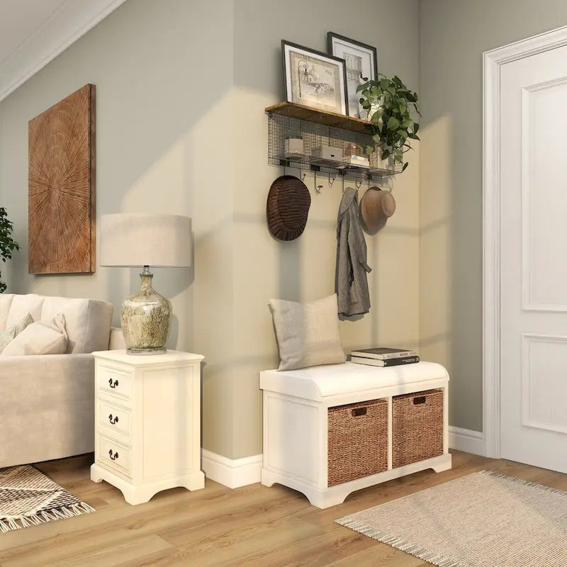 Wood Room Storage Bench with Brown Seagrass Baskets and Cushioned Seat - White - Roche River Decor
