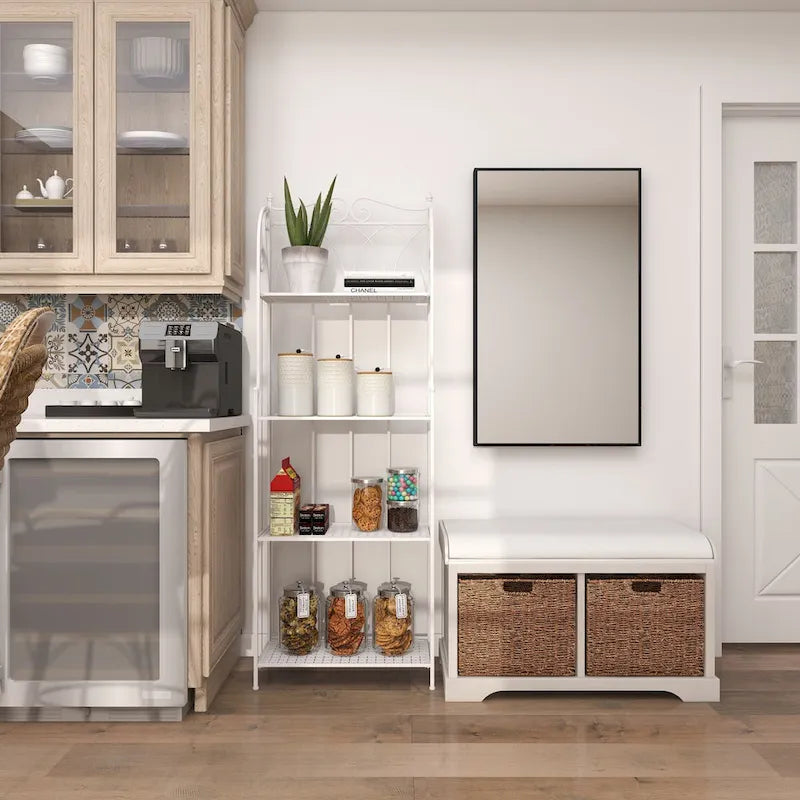 Wood Room Storage Bench with Brown Seagrass Baskets and Cushioned Seat - White - Roche River Decor