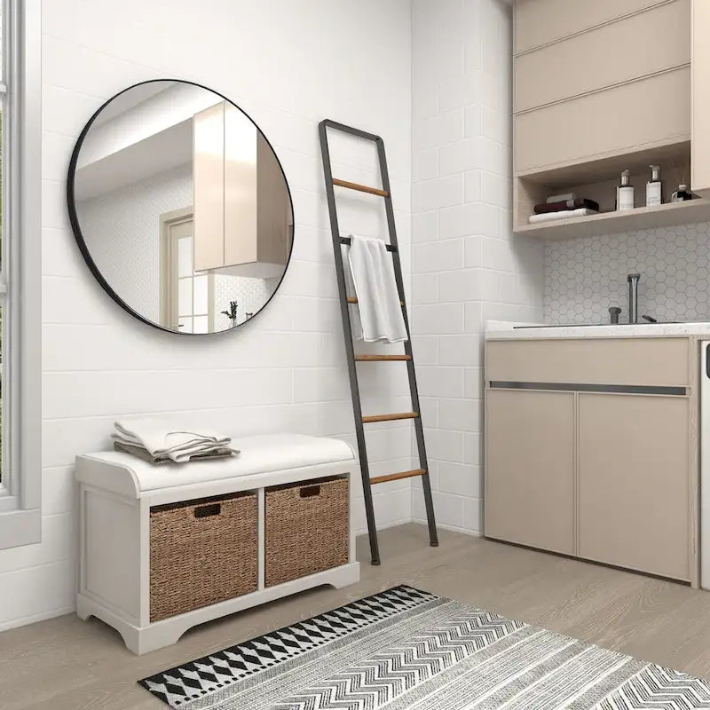 Wood Room Storage Bench with Brown Seagrass Baskets and Cushioned Seat - White - Roche River Decor