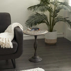 Mango Wood Floral Intricately Carved Side End Accent Table with Spiral Leg and Gray Distressing - Brown - Roche River Decor