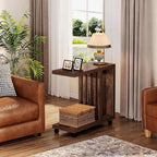 2-Tier C-Shaped End Table, Mobile Side Table for Couch and Bed with Lockable Wheels